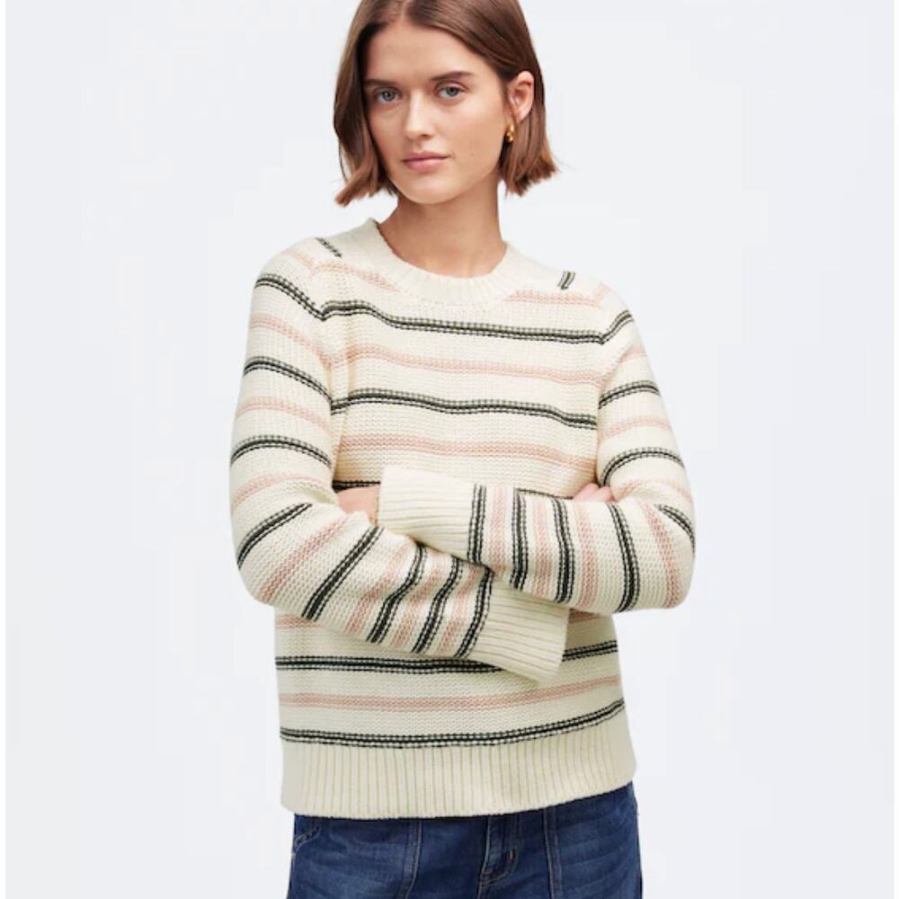 NWT Madewell Cotton Crewneck Sweater in Stripe In Dark Loden Stripe Size S